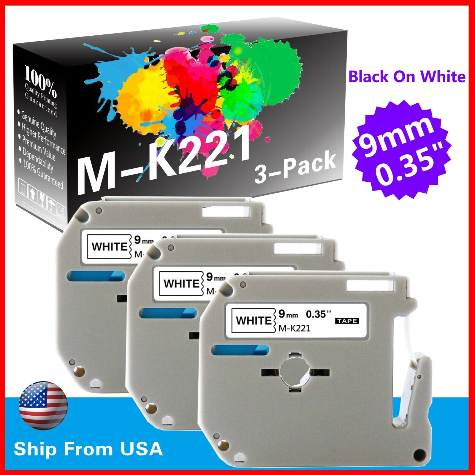 3 PK MK221 MK-221 Label Tape Used for P-touch PT-45M PT-55BM(Black on White)