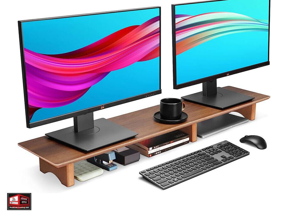 Aothia Large Dual Monitor Stand Riser, Solid Wood Desk Shelf, Black Walnut