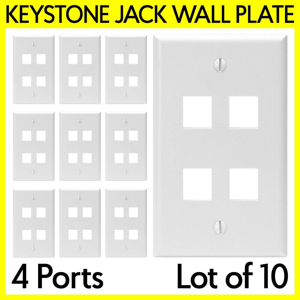 10 PCS 4 Port Keystone Wall Plate Cover Keystone Jack Wall Outlet 1 Gang White