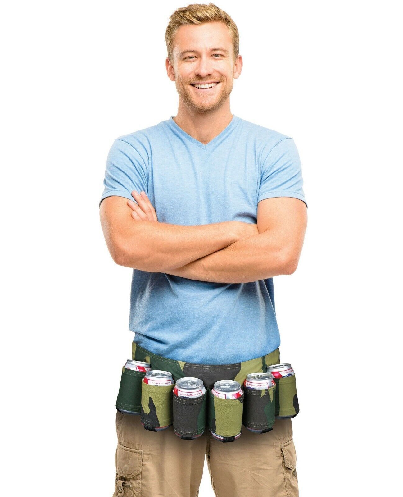 CAMOUFLAGE 6-PK BEER CAN GAG BELT - white trash style