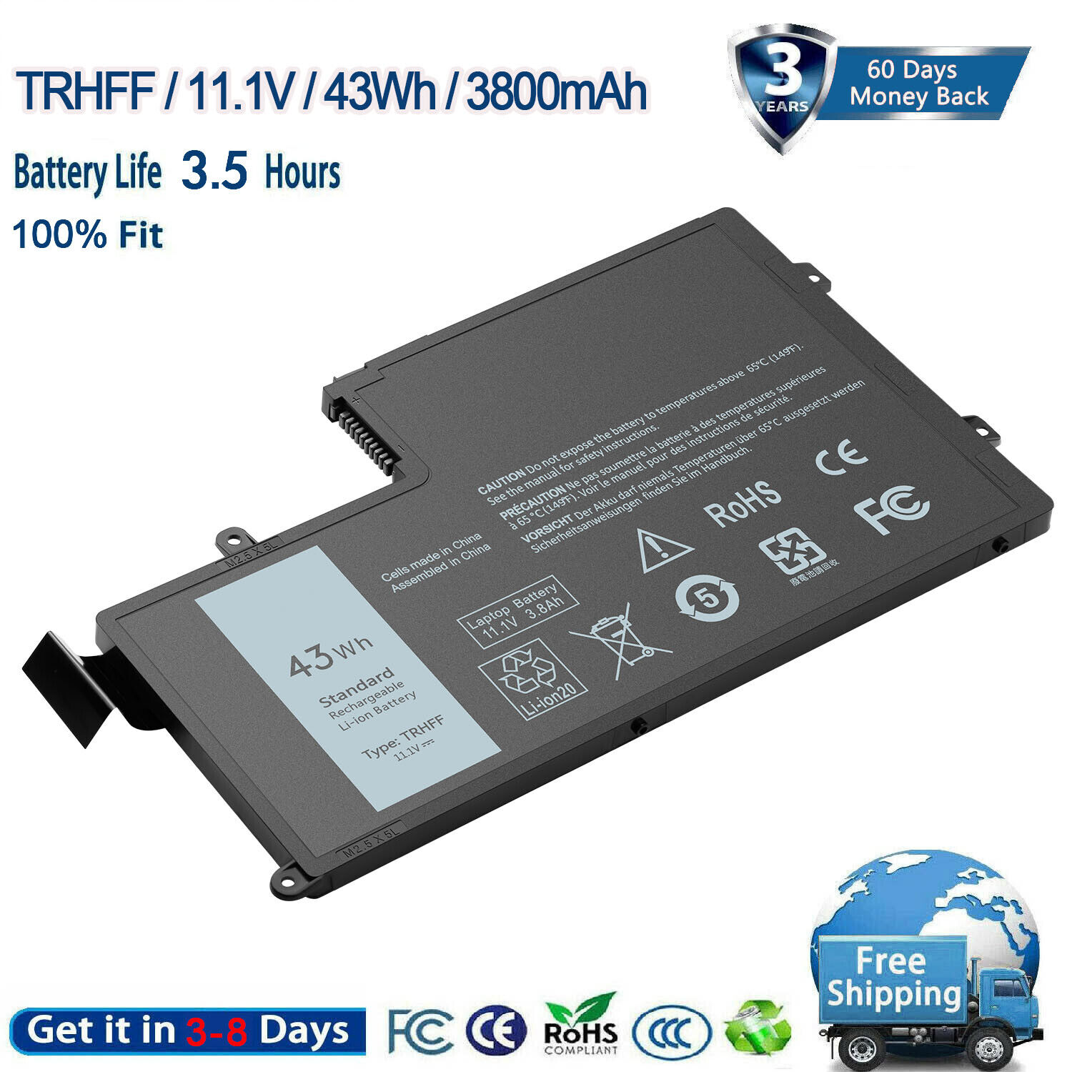 TRHFF 1V2F6 Battery For Dell Inspiron 15-5547 5545 5548 Latitude 3450 3550 USPS
