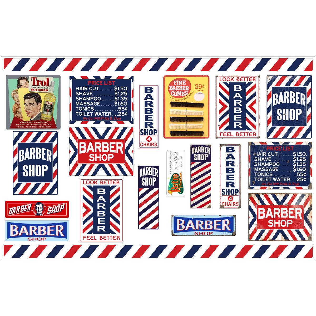 Barber Shop Haircut Vinyl Sticker Sheet of 19 Vintage Style Decorations Decals