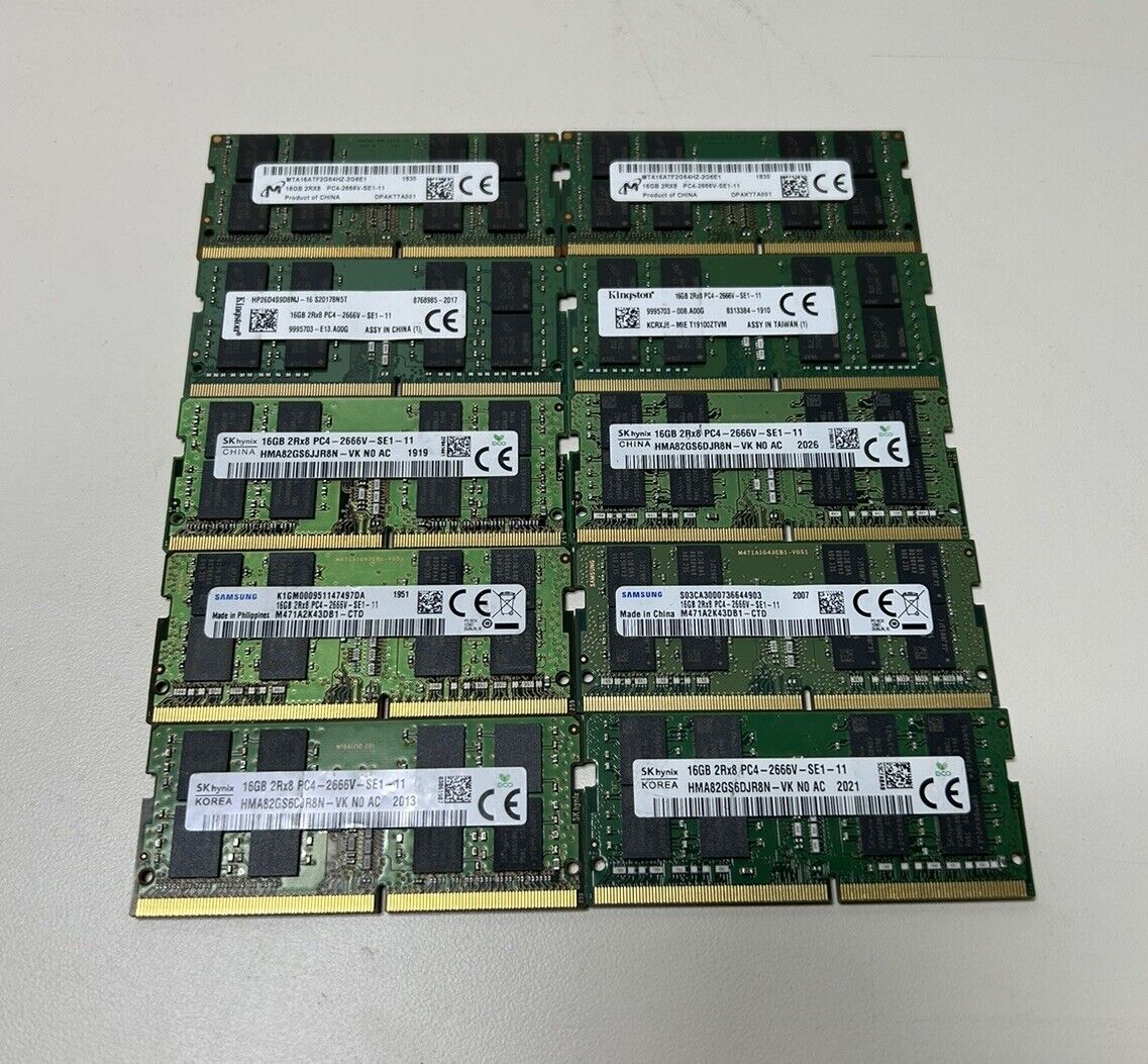 Lot of 10 Mixed Major Brands 16GB DDR4 2RX8 PC4-2666V Laptop Ram SODIMM Memory