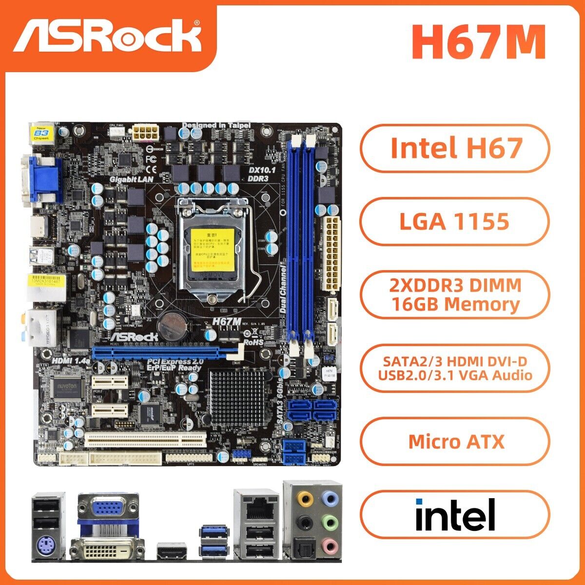 ASRock H67M Motherboard M-ATX Intel H67 LGA1155 DDR3 SATA2/3 HDMI DVI-D VGA+I/O