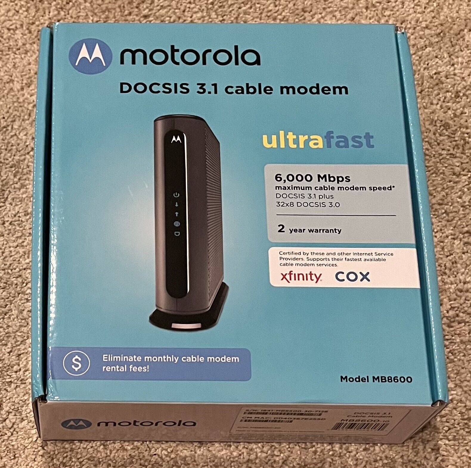 NEW Motorola MB8600 DOCSIS 3.1 Cable Modem IN OPEN BOX - NO POWER CORD OR CABLE