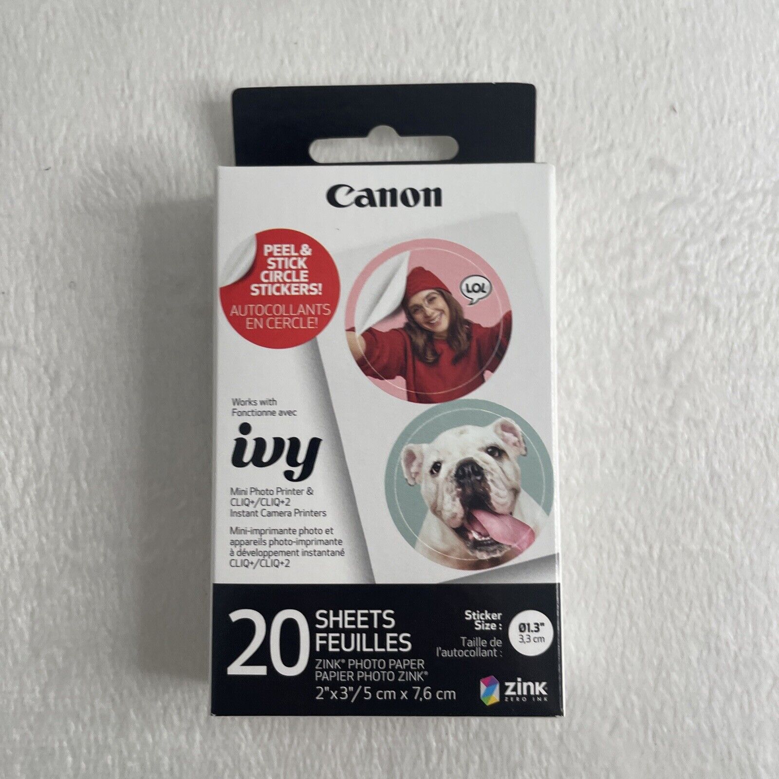 New Canon IVY ZINK Pre-Cut Circle Photo Picture Sticker Paper, 20 Sheets