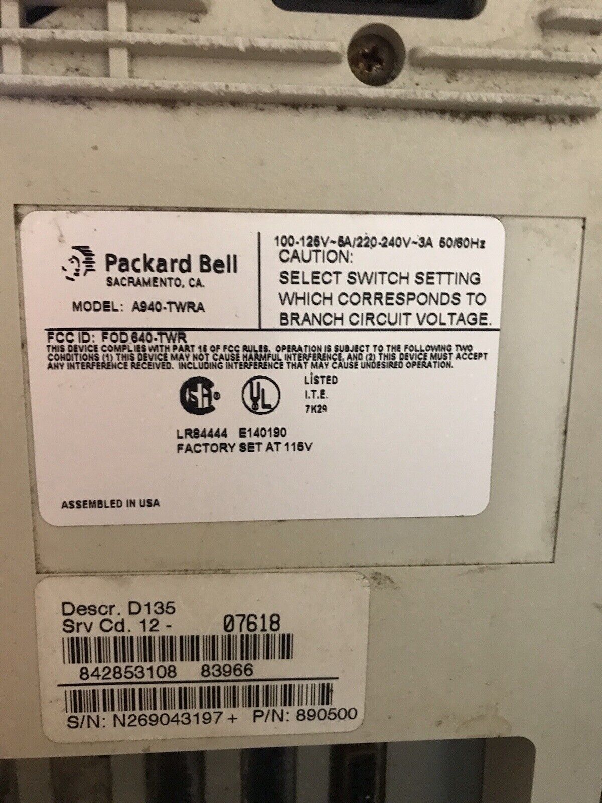 packard bell computer A940-TWRA