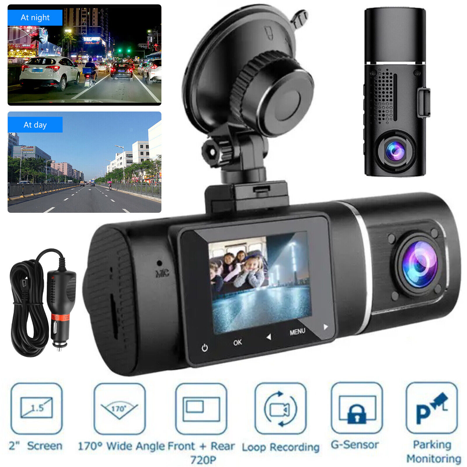 Dual Lens Car DVR Dash Cam Video Recorder G-Sensor 1080P HD Front+Inside Camera