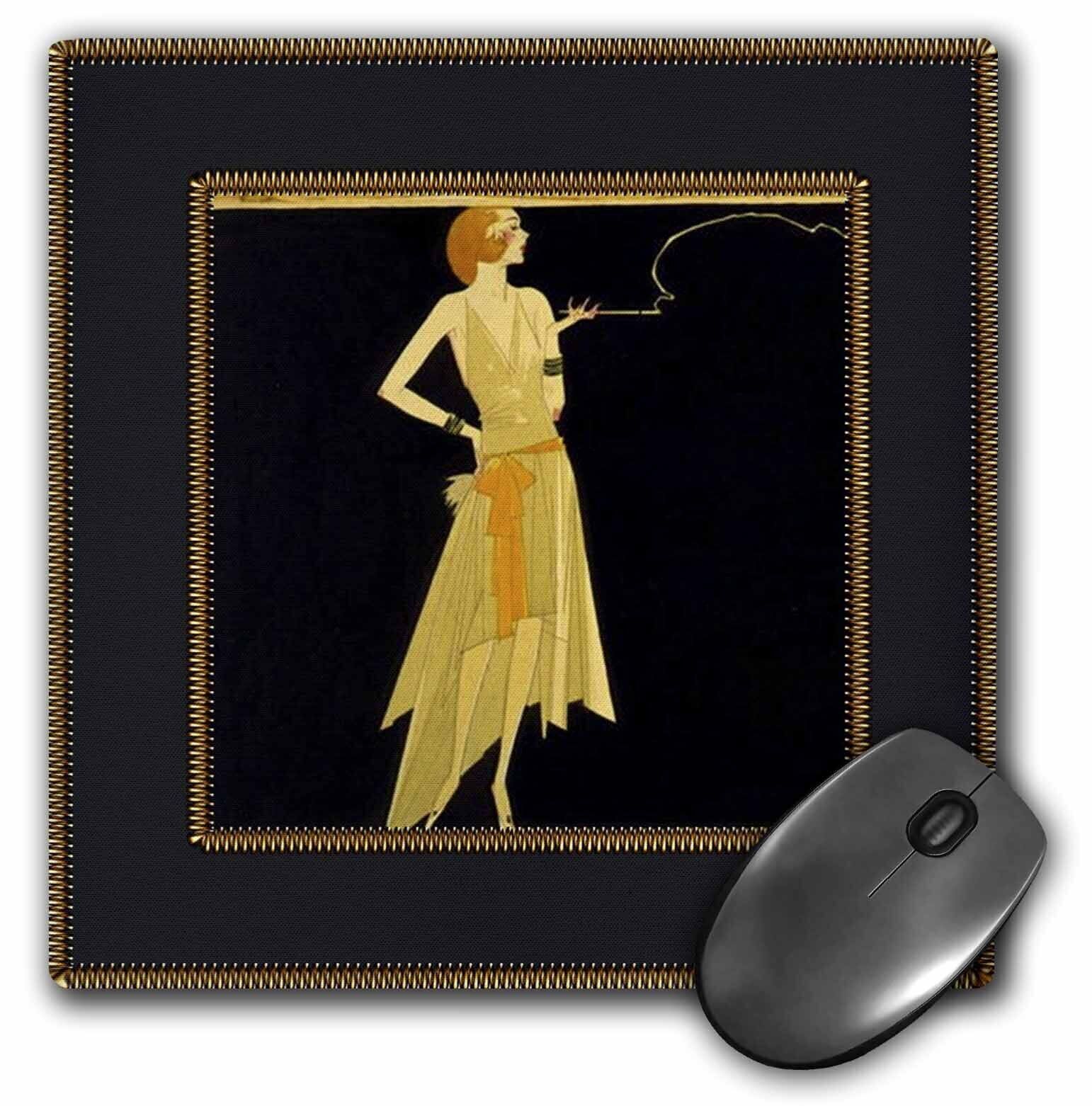 3dRose Art Deco Lady On Black With Gold Frame MousePad