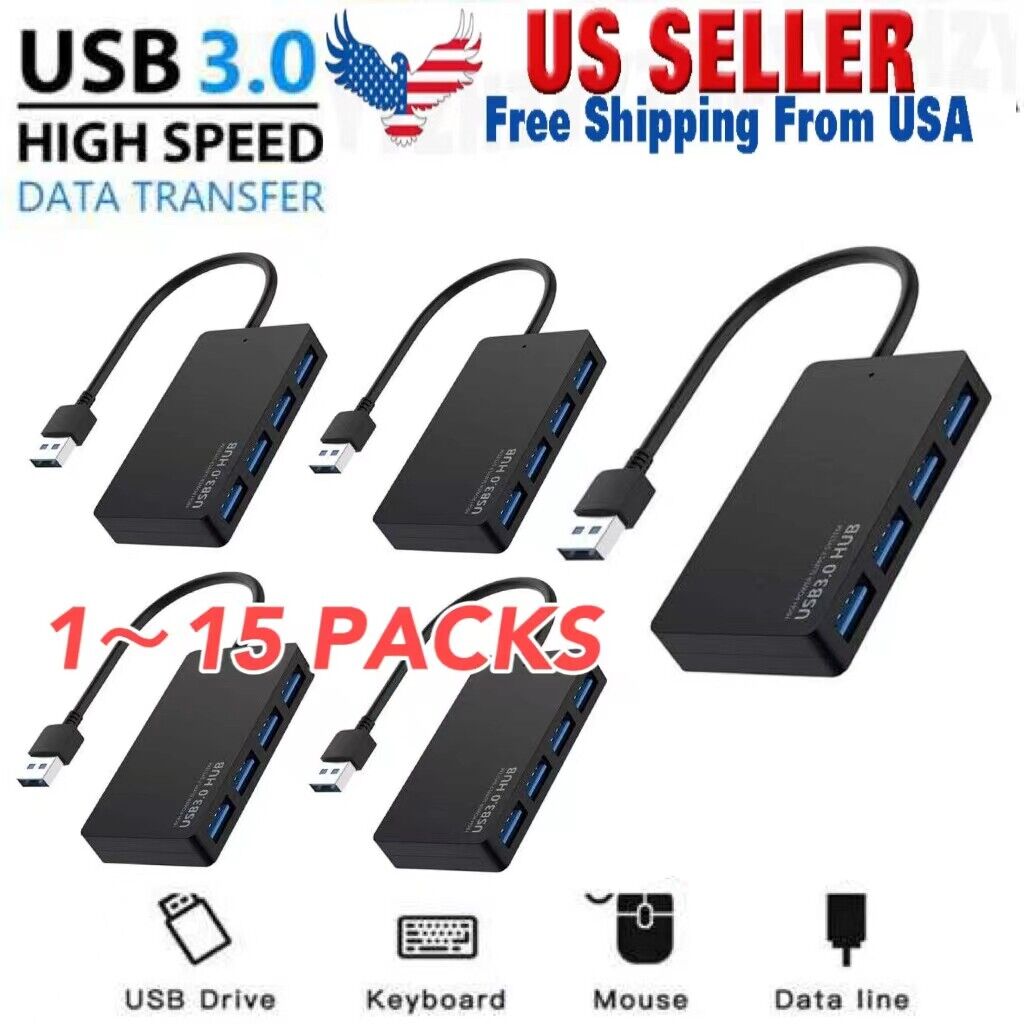 4-Port USB 3.0 Hub 5Gbps Portable Compact PC Mac Laptop Notebook Desktop LOT US