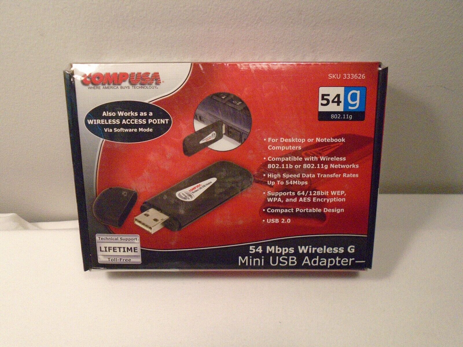 NOS SEALED BOX - COMP USA 54 Mbps Wireless G Mini USB Adapter For Computer