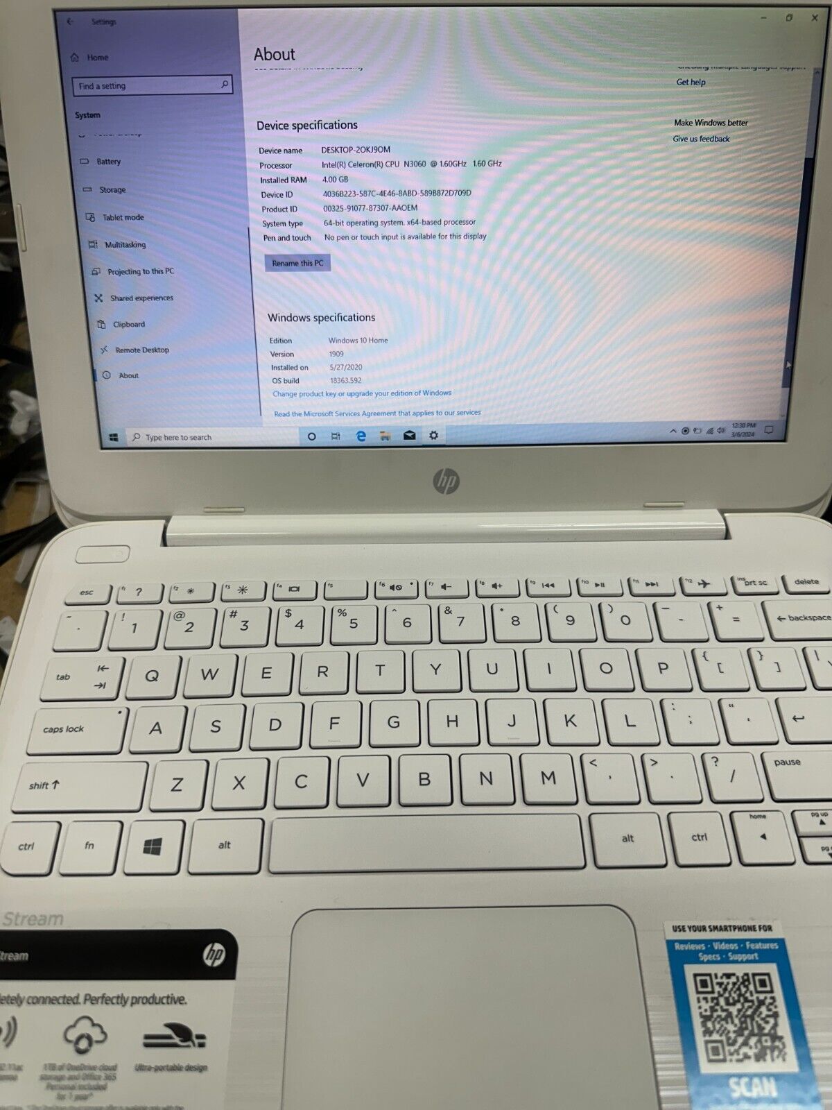 HP Stream Laptop PC Model: 11-y012nr Intel Celeron N3060 White