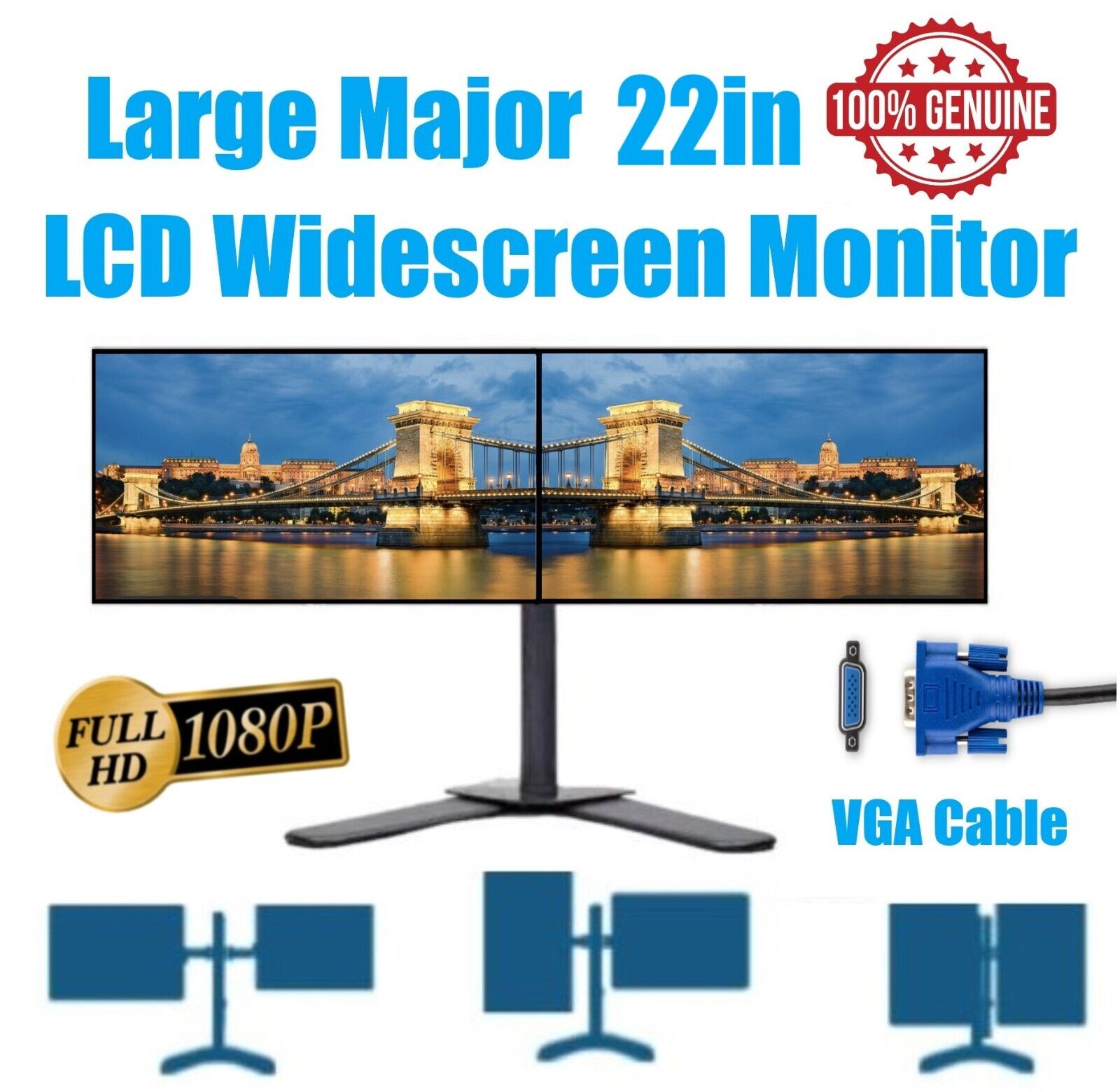Dual 22inch OEM Large Major LCD Widescreen Monitors 1920x1080p w/Dual Stand VGA