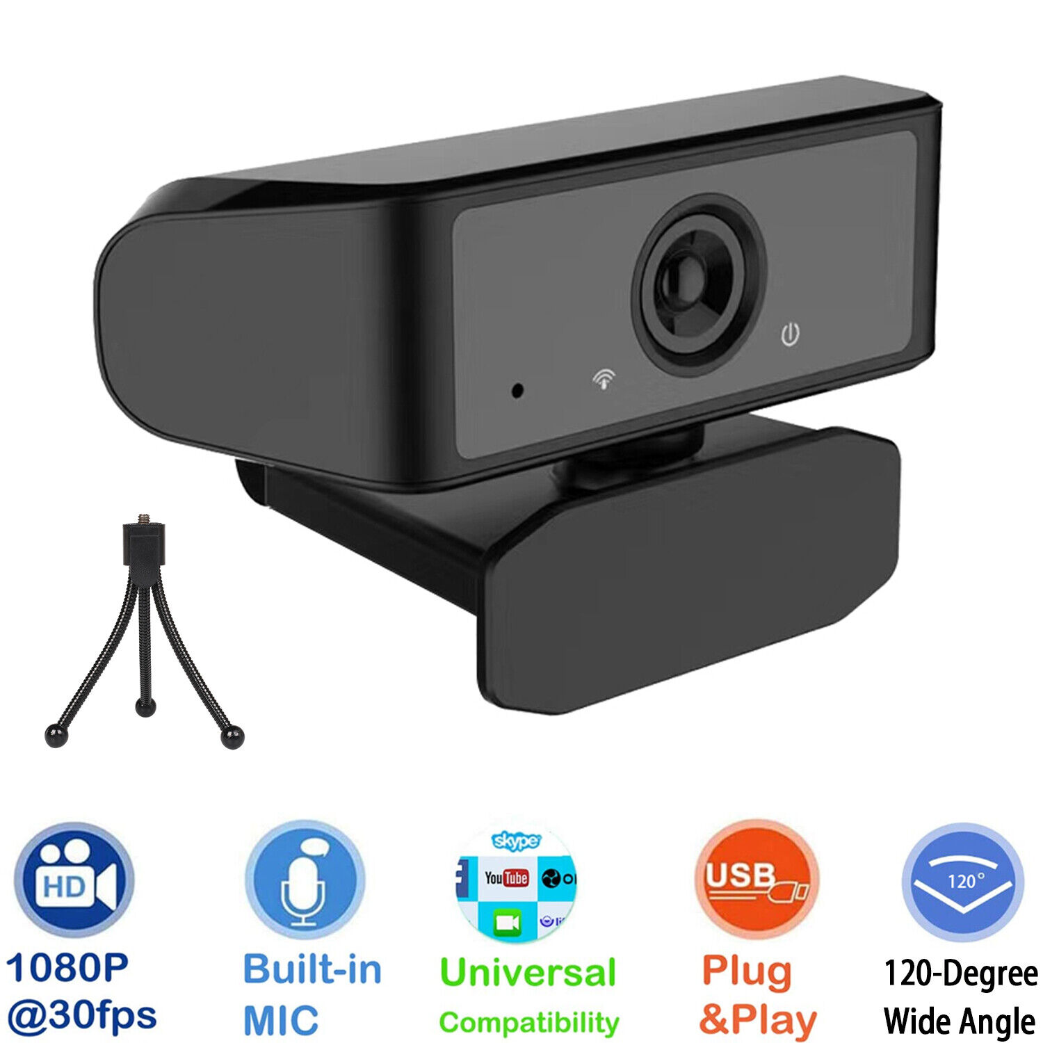  Webcam with Microphone 1080P | Plug & Play 120-Degree Widescreen 360° Rotatable