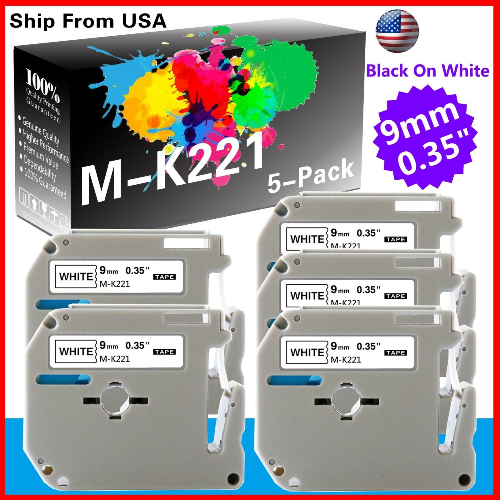 5 PacK MK221 MK-221 Label Tape Used for P-touch PT-110 PT-45M(Black on White)