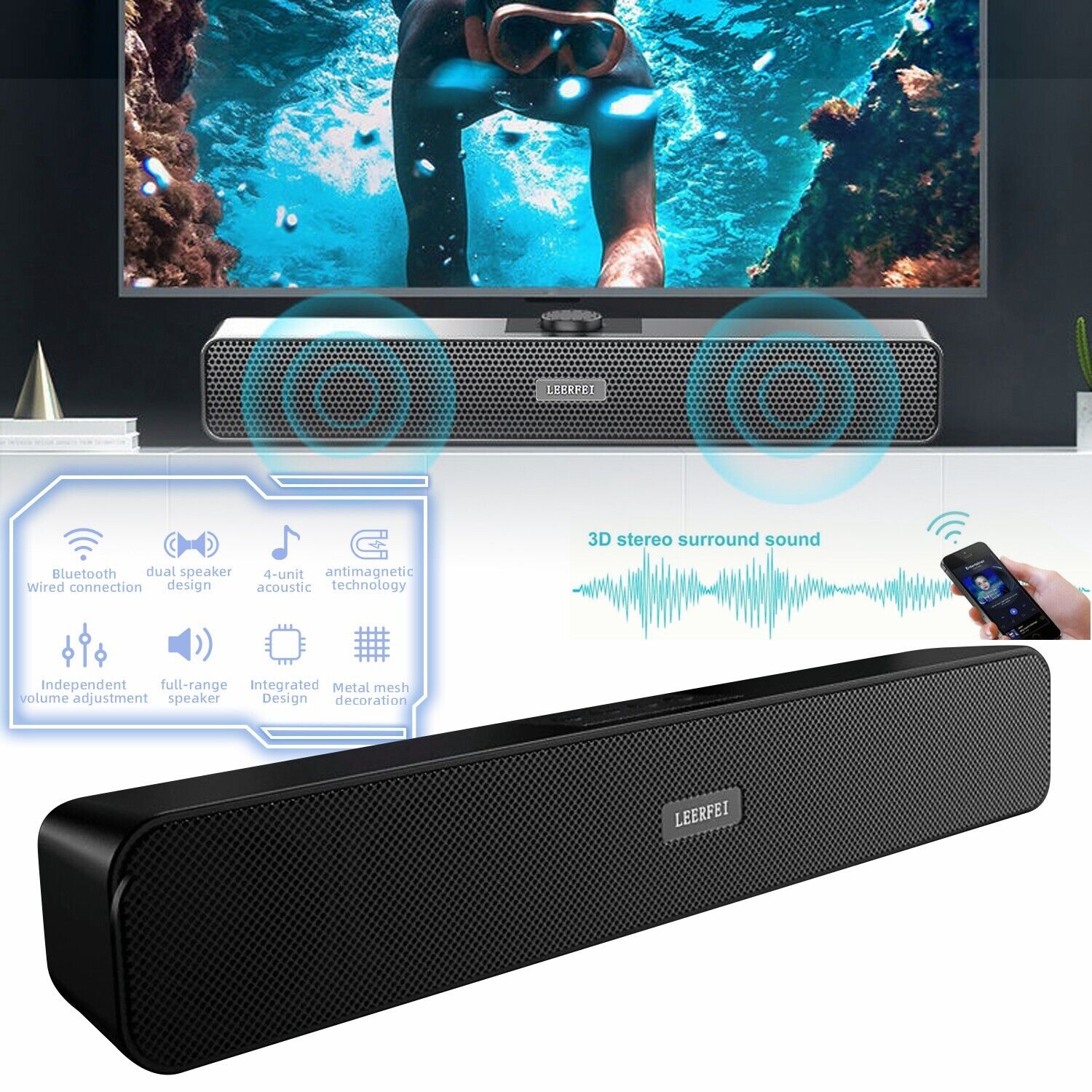 Wireless Bluetooth 5.0 TV Sound Bar Dual Speaker Subwoofer Soundbar Home Theater