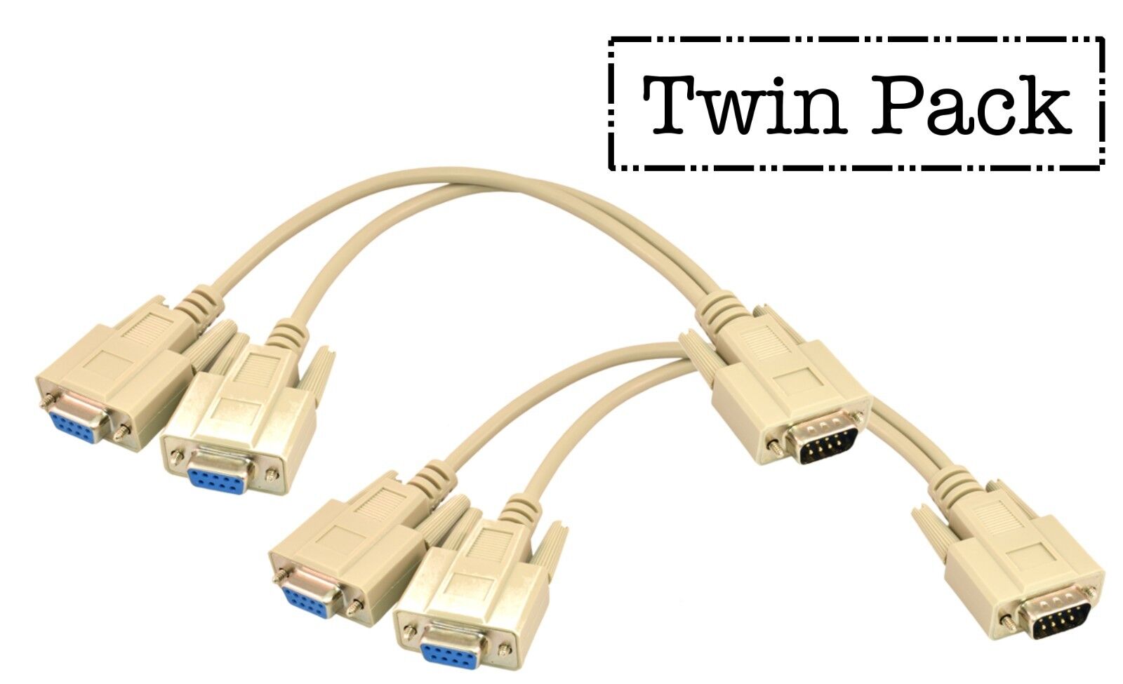 PTC Beige 1\'ft DB9 Serial (RS-232) Y-Splitter Cable | Twin Pack