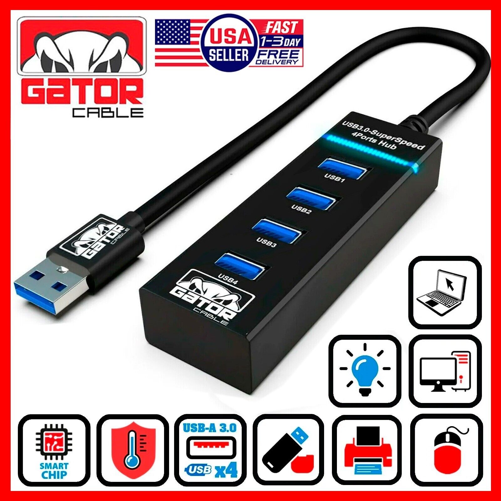 USB 3.0 HUB 4-USB Port Multi Adapter Charger Data For PC Mac Laptop Desktop LED