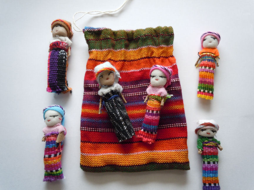 6x Large Guatemalan Worry Dolls in POUCH - Hand Made Mayan Trouble Doll 2\