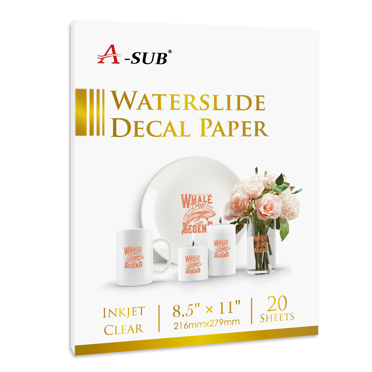A-SUB 20 Sheets Inkjet Clear Waterslide Decal Transfer Paper 8.5x11 DIY Tumbler
