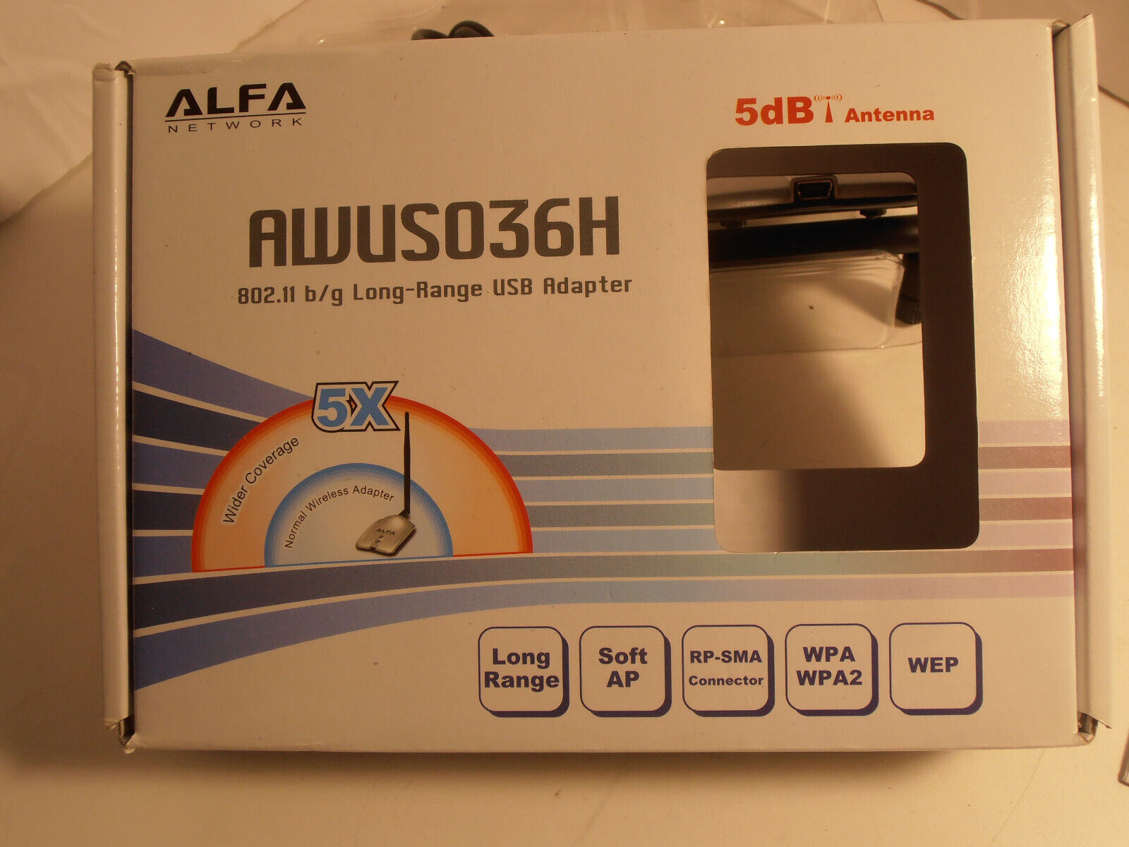 Alfa Networks AWUS036H  802.11 B/G Long Range USB Wireless Adapter New Open Box