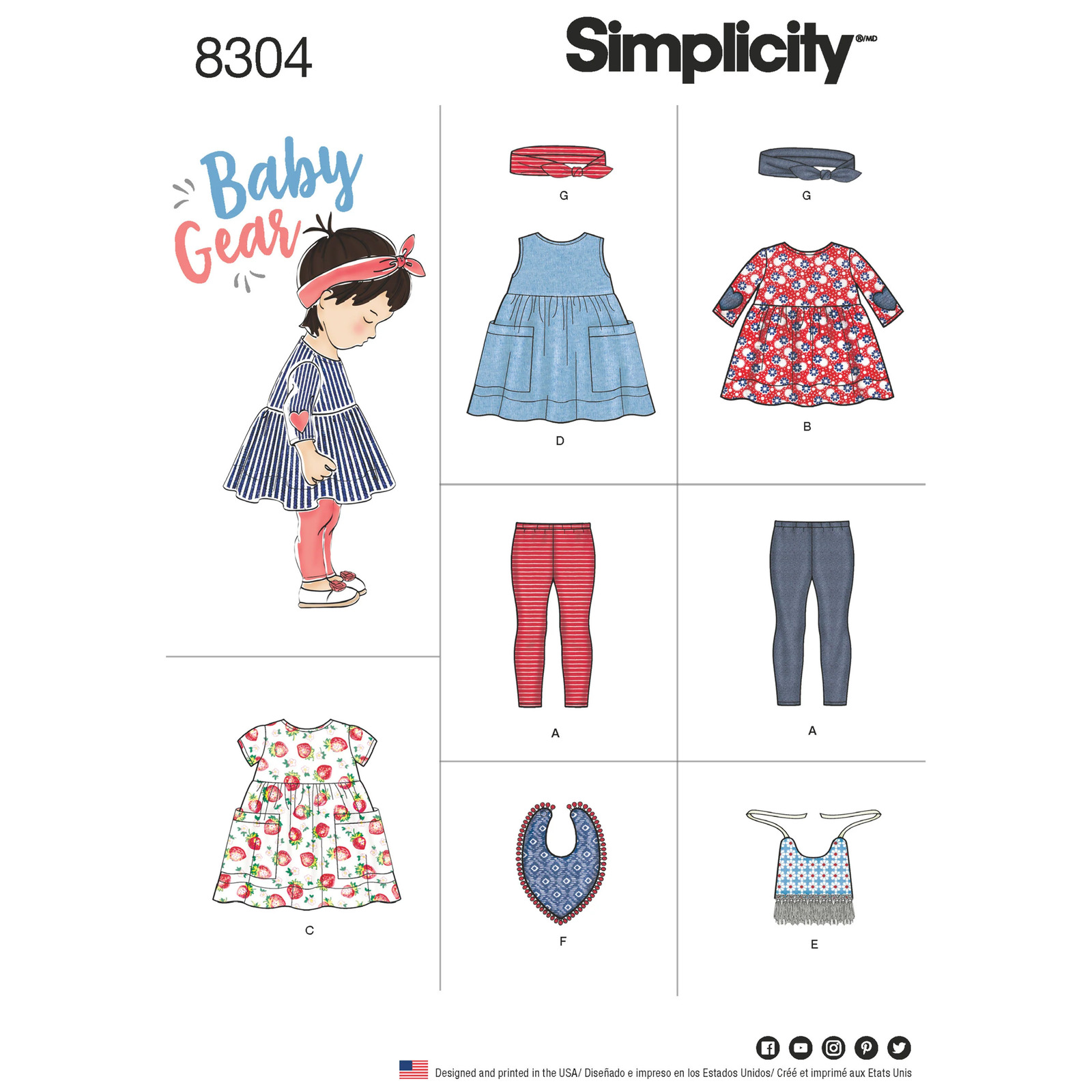 Simplicity Pattern 8304 Babies\', Leggings, Top, Dress, Bibs and Headband in thre