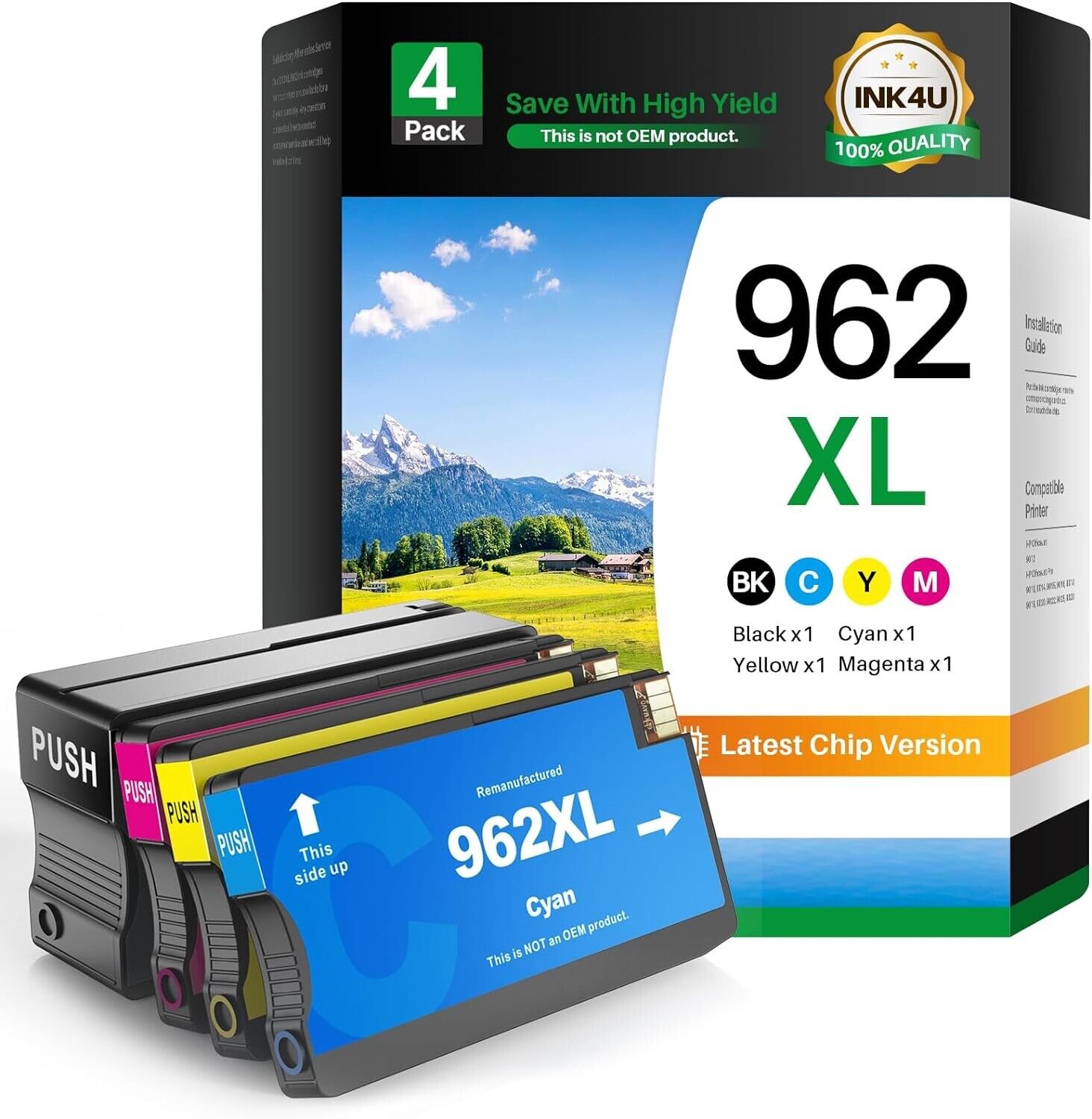 High-Quality Ink4U HP 962XL Compatible Cartridges 4-Pack for OfficeJet Pro - NEW