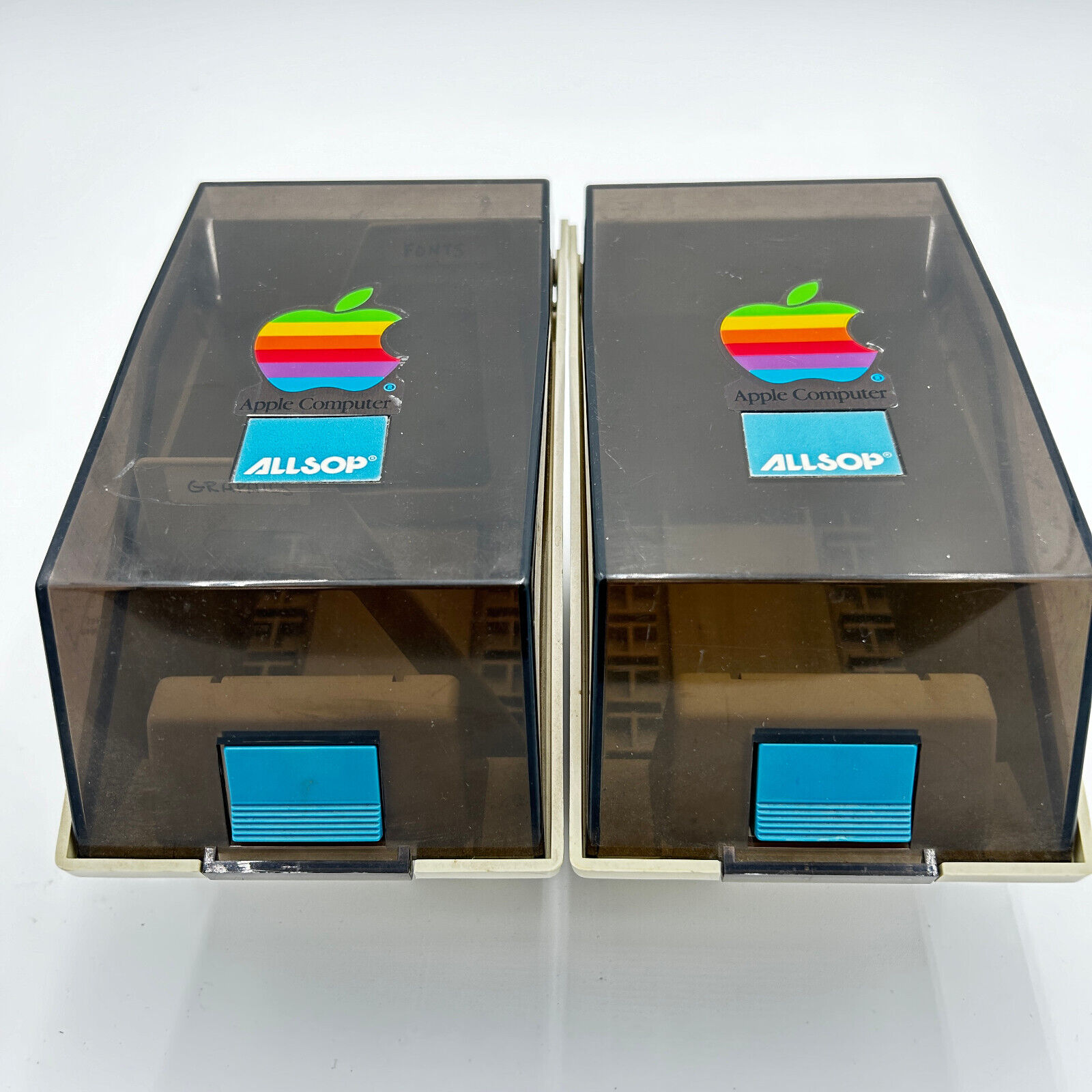 ALLSOP 3.5” Disk Storage Box Case lot of 2 both with vtg apple comp stickers vtg