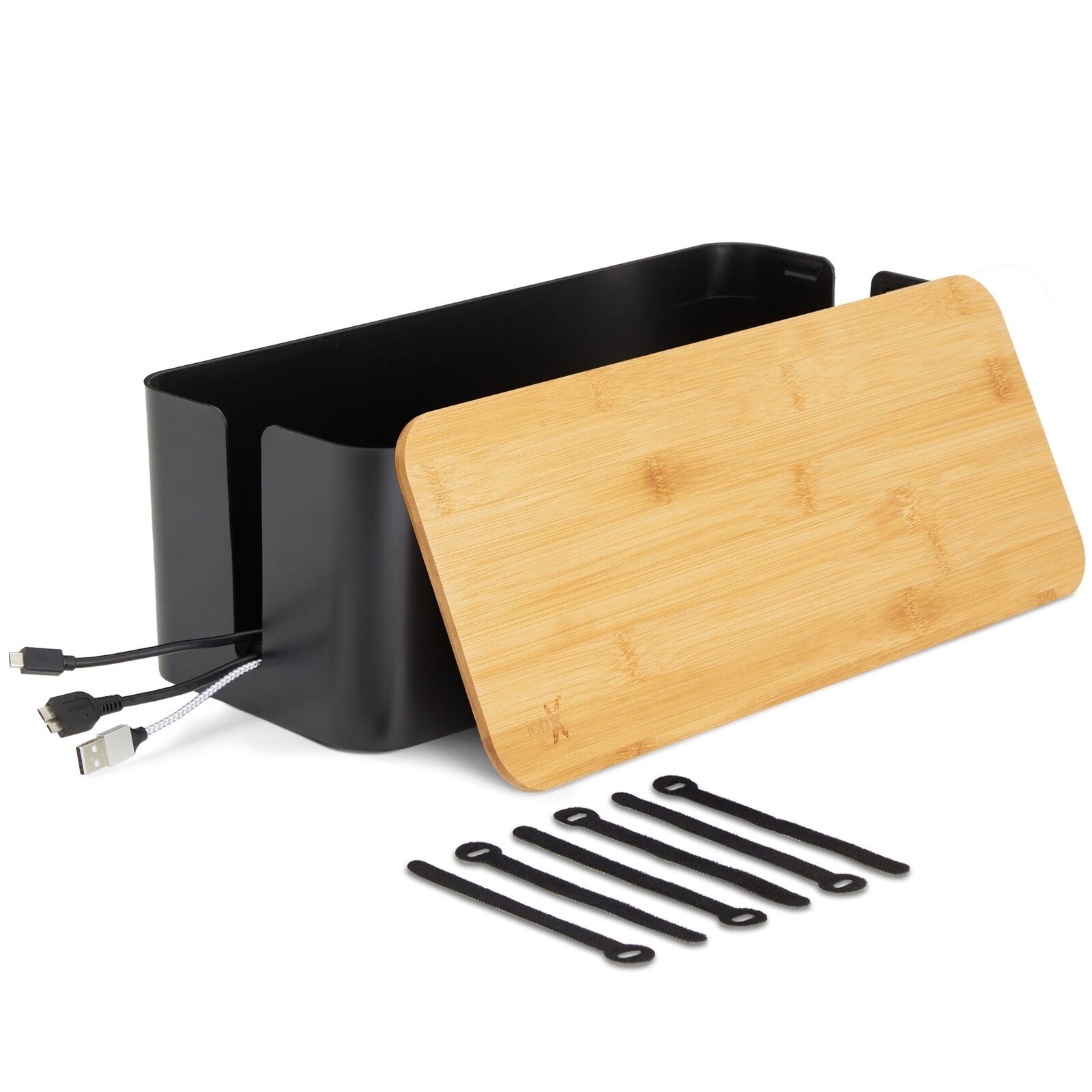Box for Cable Management, 1 Large ABS Cord Organizer Box with Bamboo Lid, Black