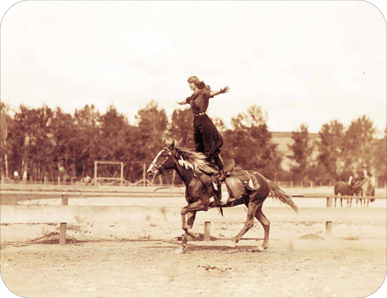 Trick Riding Cowgirl Photo On Horseback Art Standard Mouse Pad Vintage 1930s
