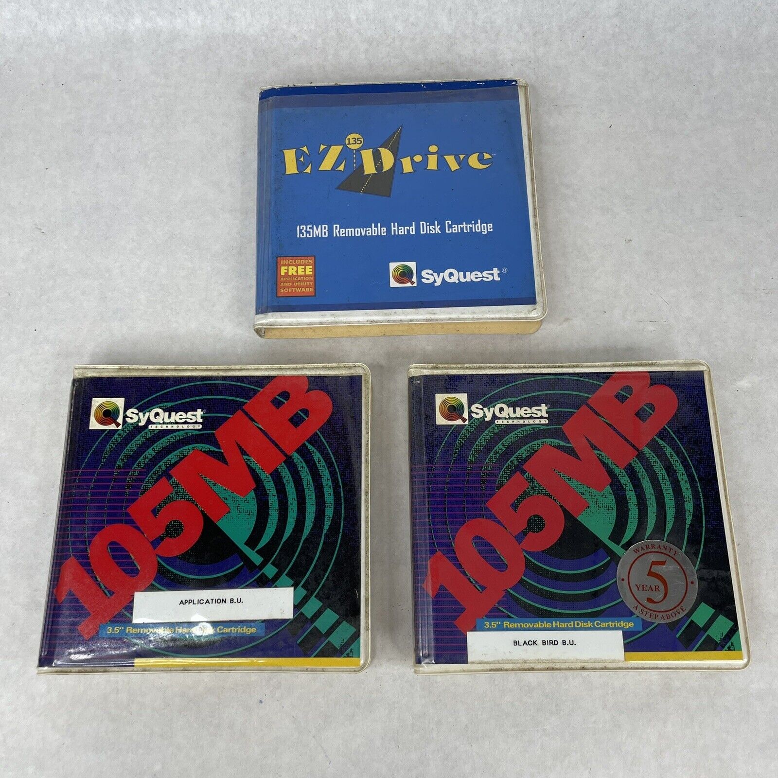 Lot of 3 SyQuest 3.5” Removable Hard Disks Cartridges 105MB, 105MB & 135MB
