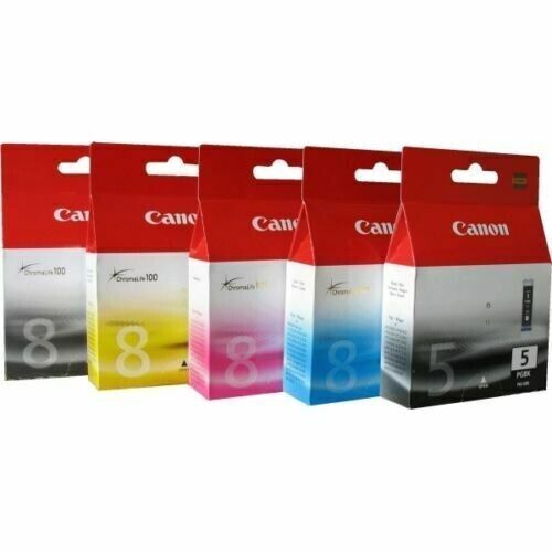 Set of 5 New Genuine Factory Sealed Canon 5 & 8 Inkjet Cartridges KCMY
