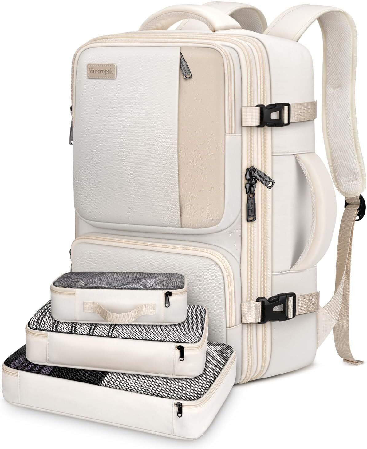 Vancropak Carry on Backpack, Airline Approved 45L Travel Backpack with Beige 