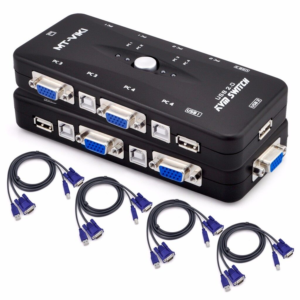 USB 4 Port Monitor VGA SVGA KVM Switch Box + 4 Cables for PC Keyboard Mouse Kit