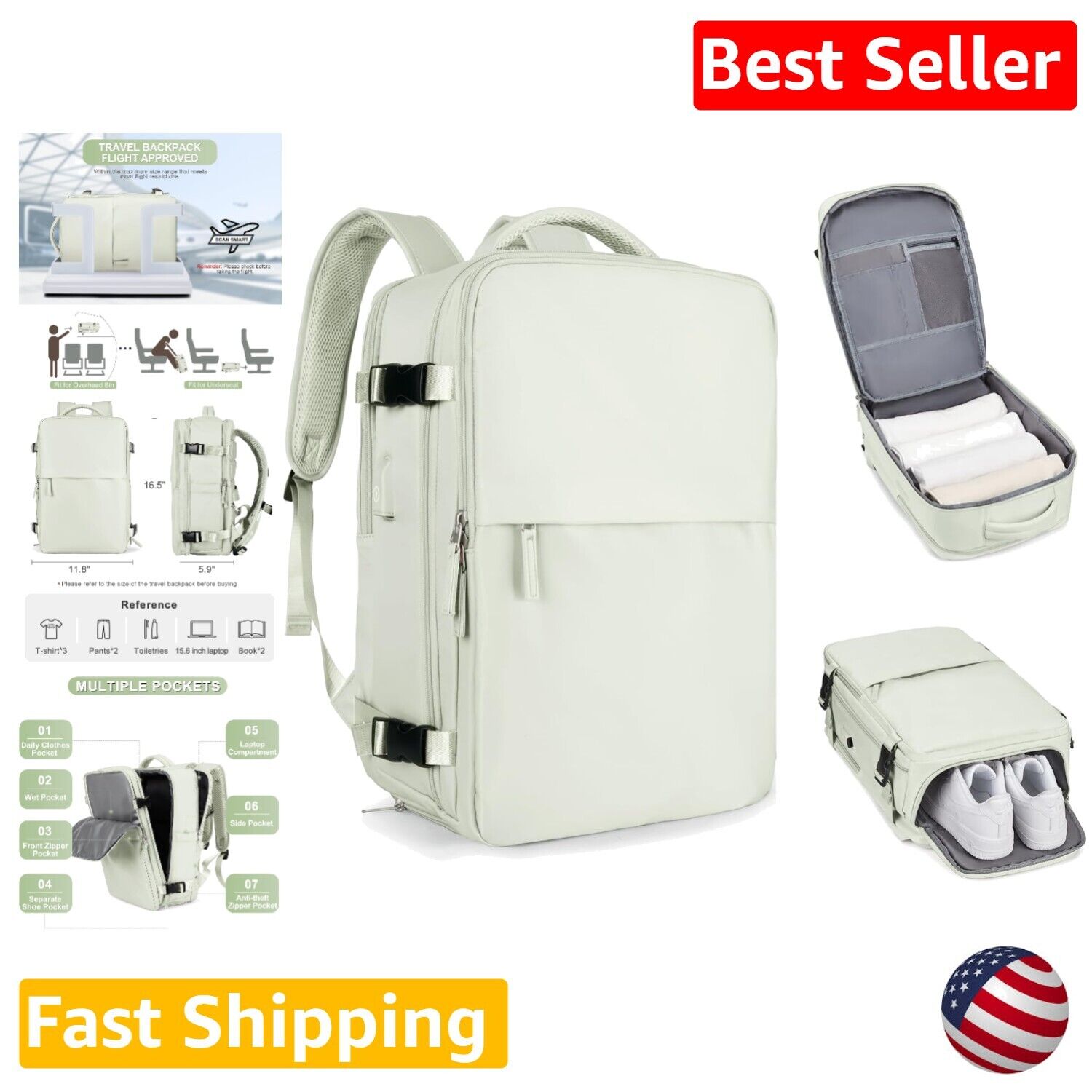 Multifunctional Carry-On Backpack with Separate Shoe Compartment - Mint Green