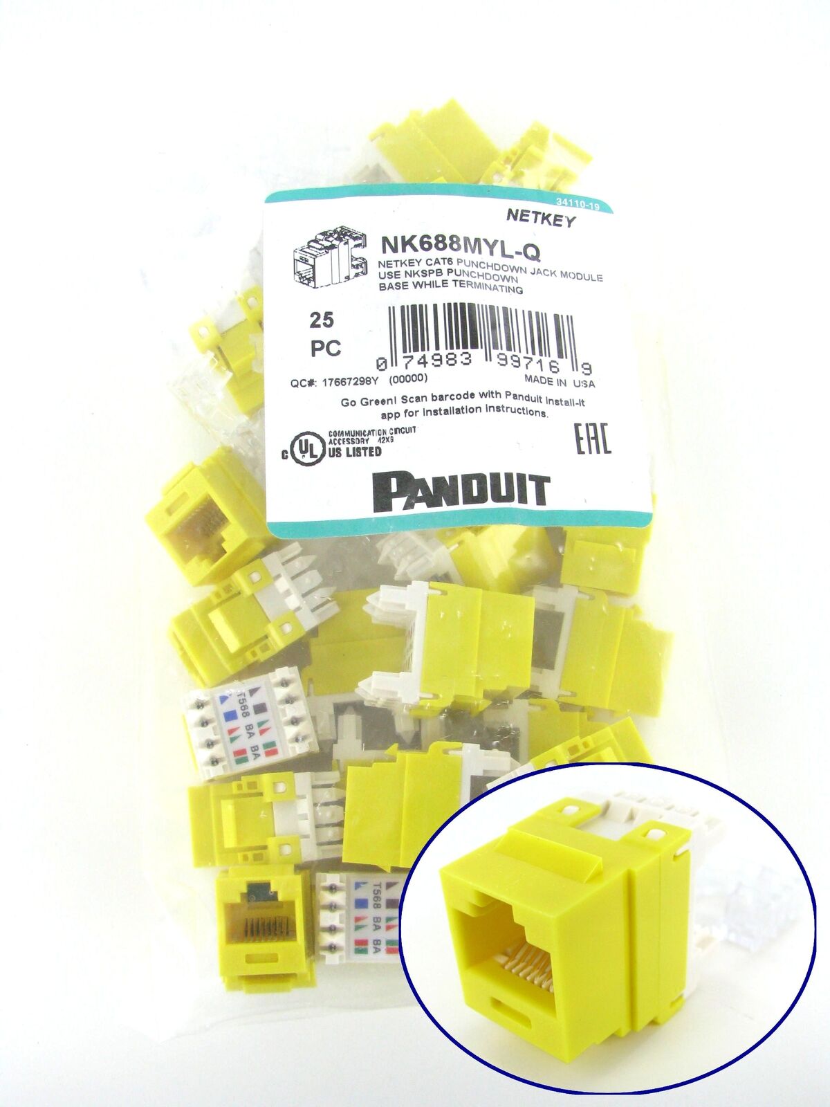 (PACK OF 25) Panduit NetKey NK688MYL-Q Cat6 Keystone Jack Module, Yellow ~STSI