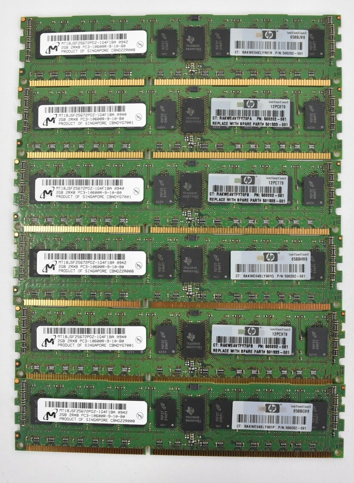 12GB Micron (6x2GB) PC3-10600R ECC SDRAM Server RAM Memory 500202-061