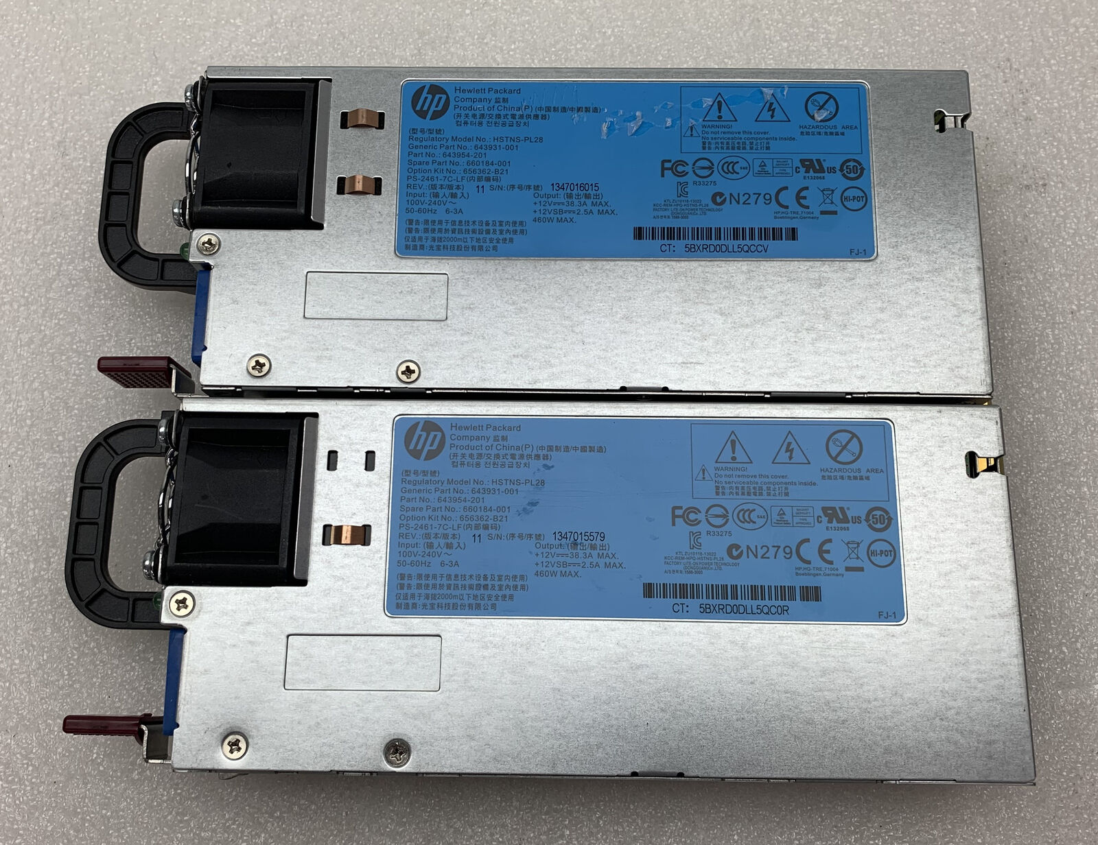 Lot of 2 HP Server Power Supplies Model: HSTNS-PL28 Pulled from Working System