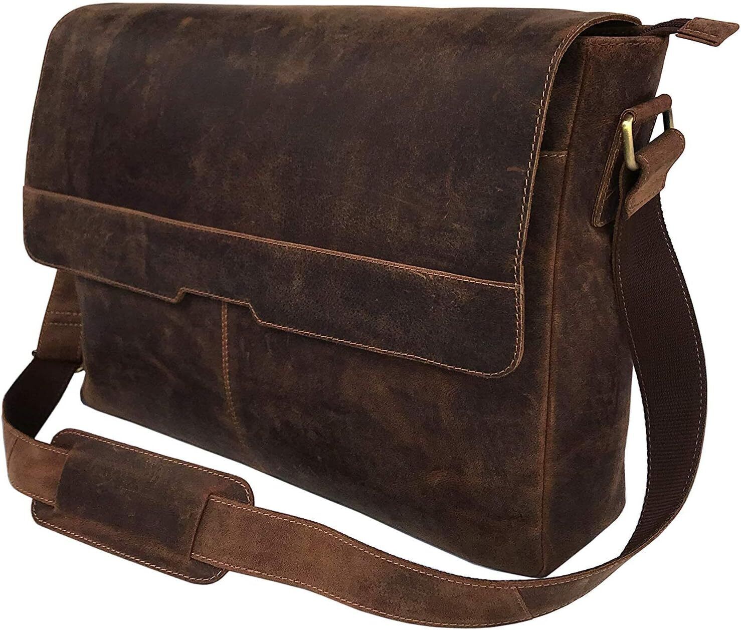 18 inch Vintage Leather Full Flap Messenger Handmade Bag Laptop Brown 