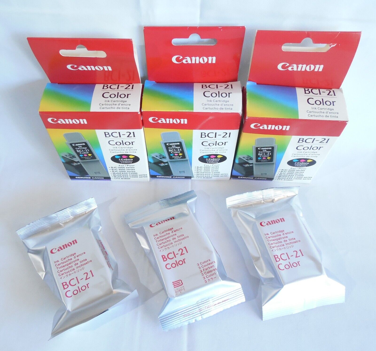 Lot of 3 SEALED Genuine Canon BCI 21 Color Cartridges Yellow Magenta Cyan