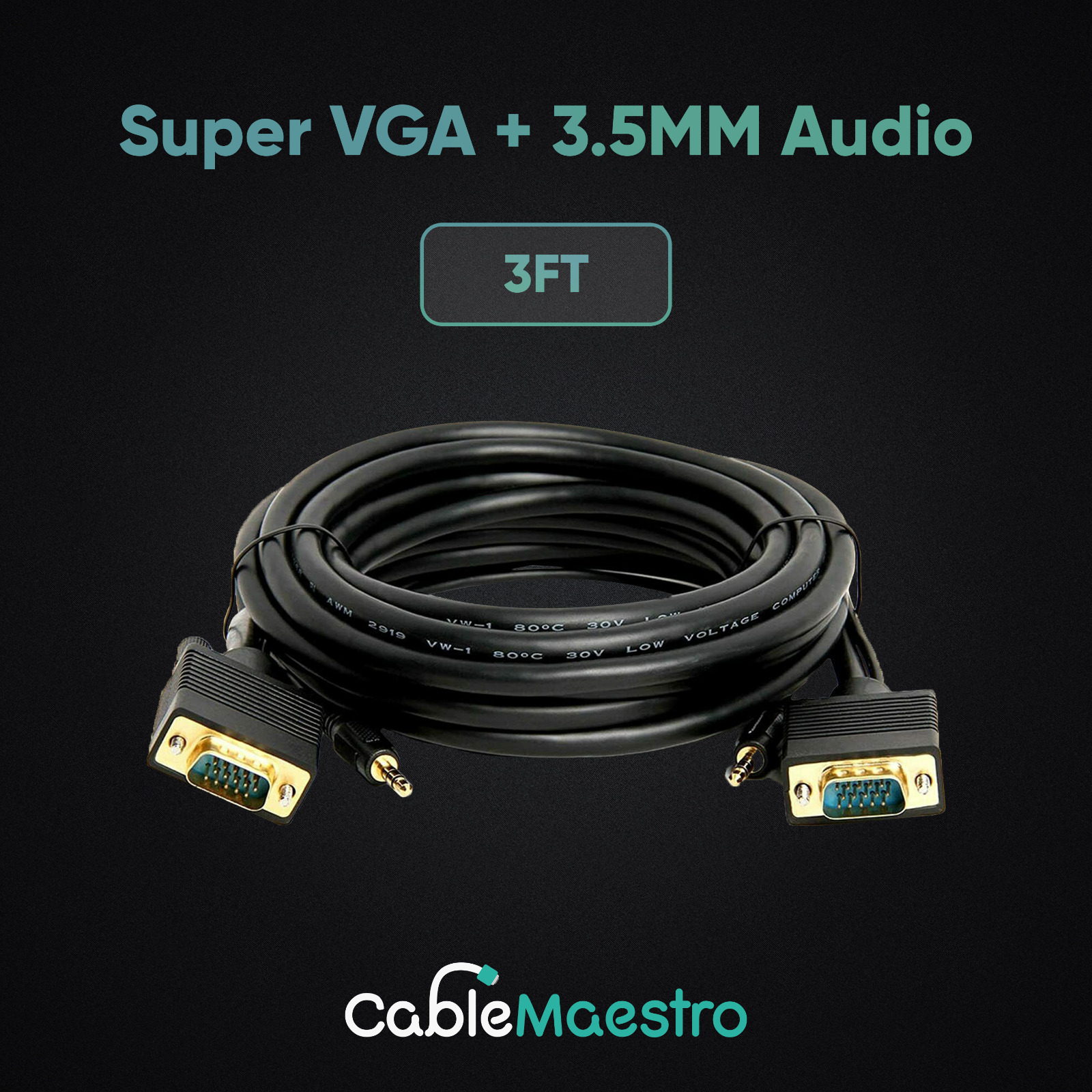 SVGA Super VGA 3.5mm Aux Audio Cable Video Male to Male Monitor Cord 15 Pin Lot