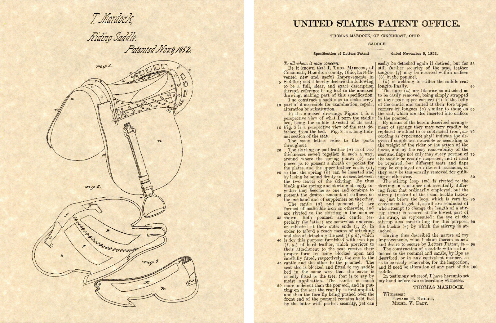 Horse Saddle US Patent Art Print READY TO FRAME Vintage 1871 equestrian seat