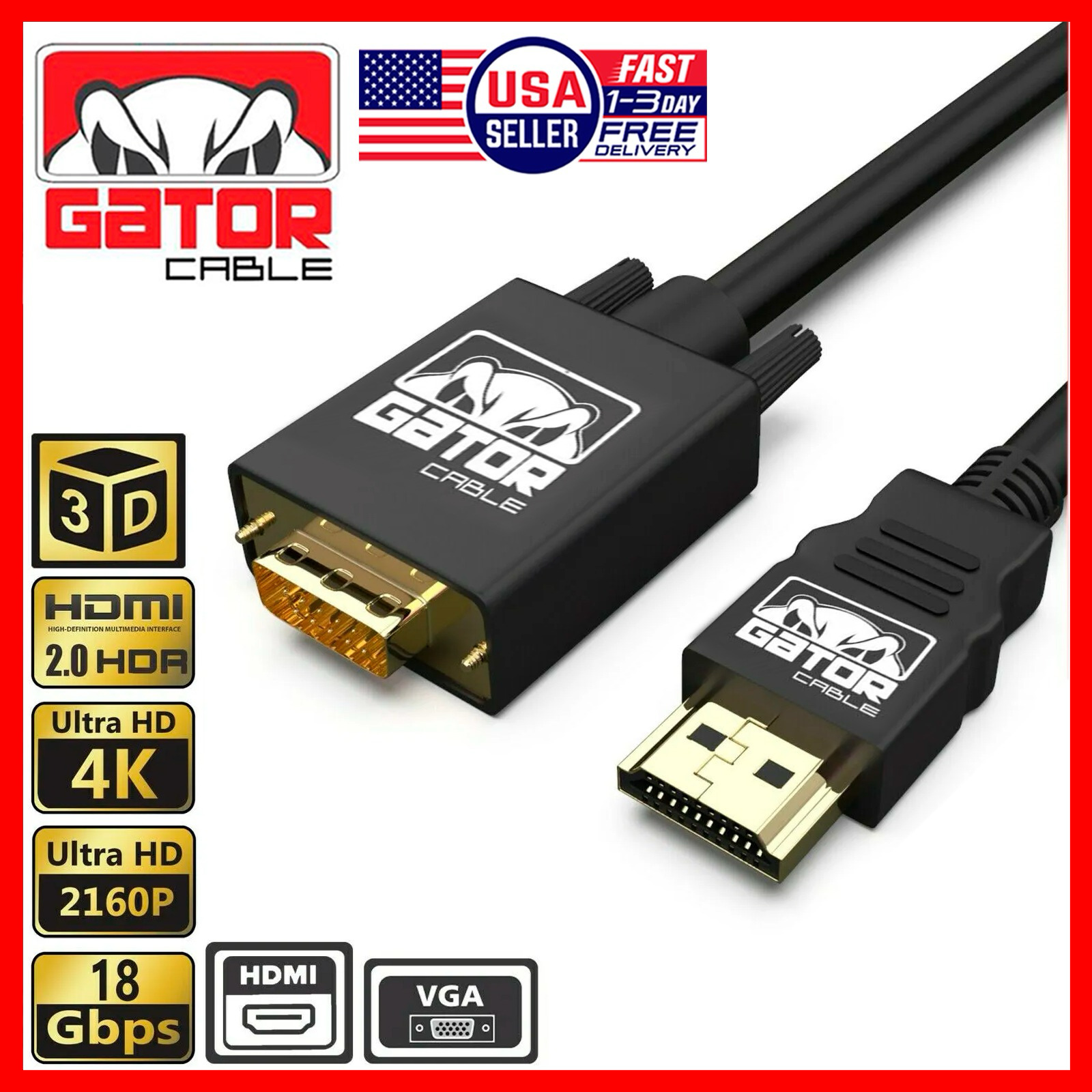 HDMI to VGA Cable Adapter Converter for HDTV PC Desktop Monitor Laptop 4K Video