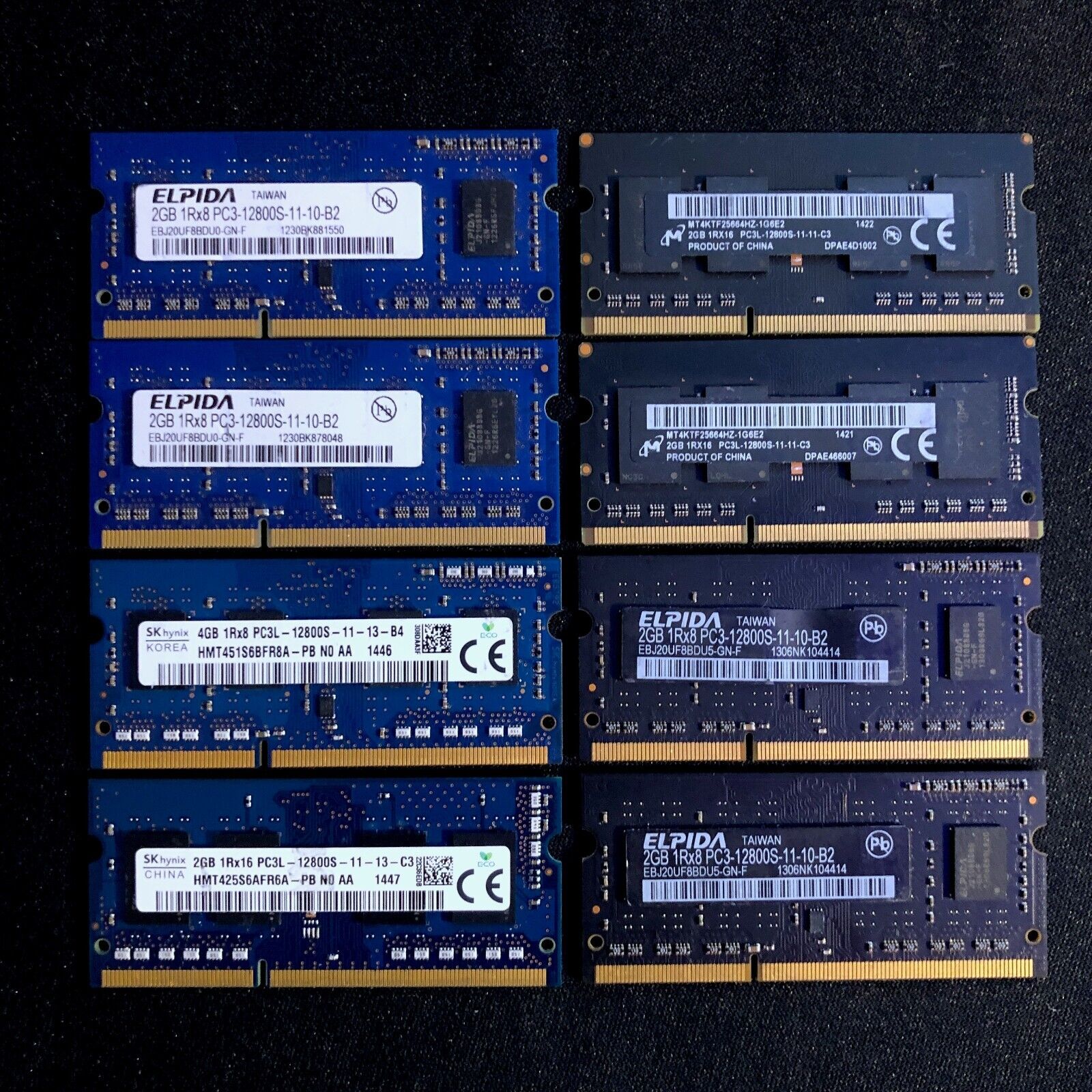 Lot of 8 2GB PC3-12800S  /  DDR3 1600MHz SODIMM  / *Micron  *Hynix  *Elpida