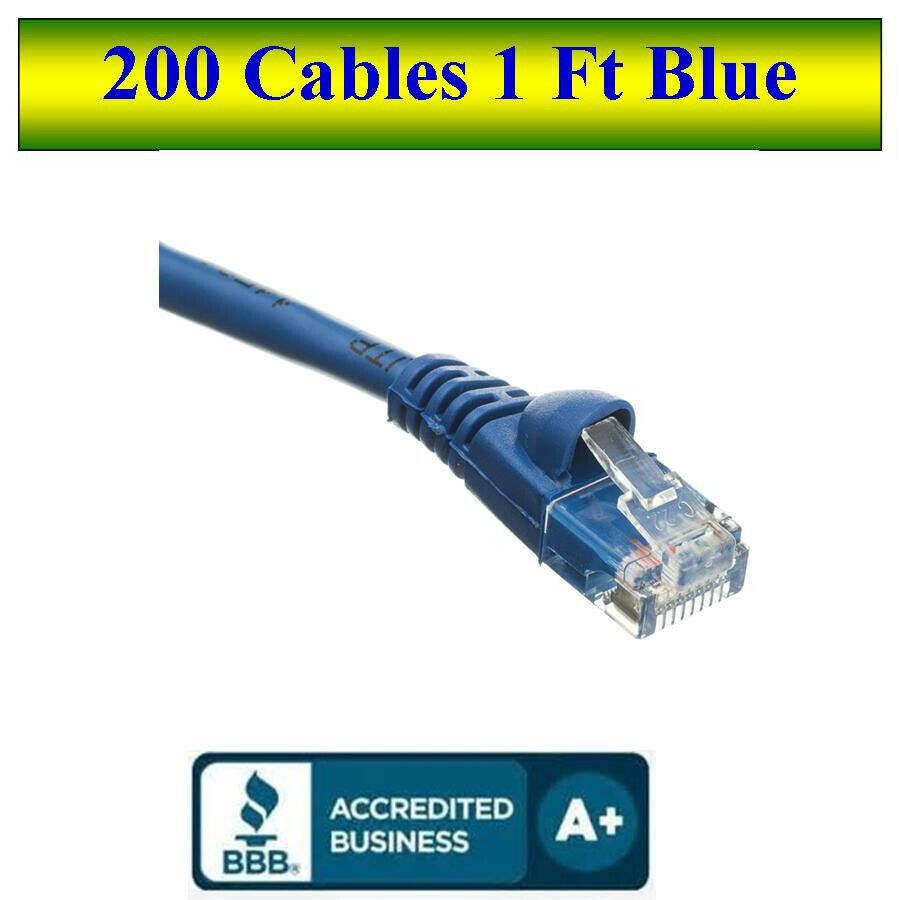 LOT of 200 Cables Snagless 1 Foot Cat5e Blue Network Ethernet Patch Cable