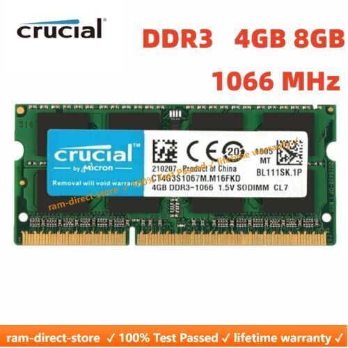 CRUCIAL DDR3 4GB 8GB 1066 MHz PC3-8500 Laptop SODIMM 204-Pin Memory RAM 8G 4G