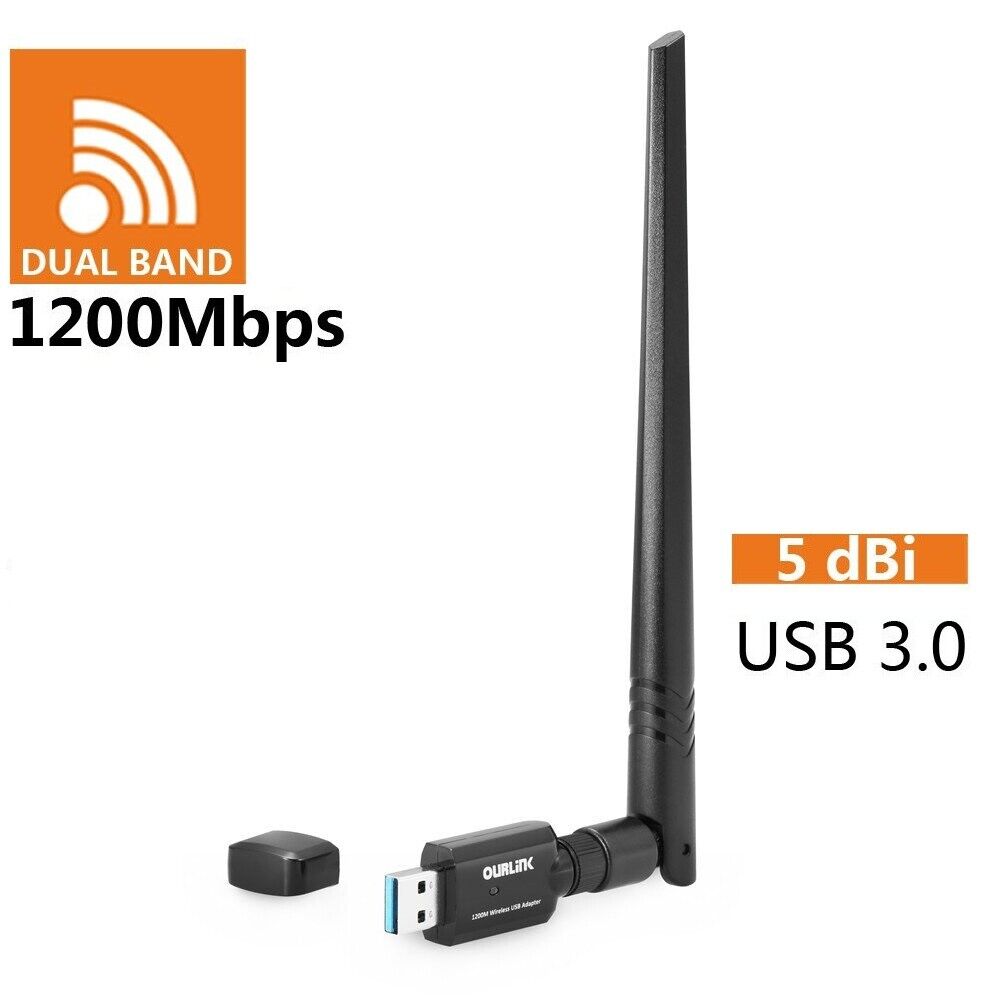 Dual Band 2.4/5Ghz 1200Mbps Wireless WiFi Network USB Adapter w/Antenna 802.11AC