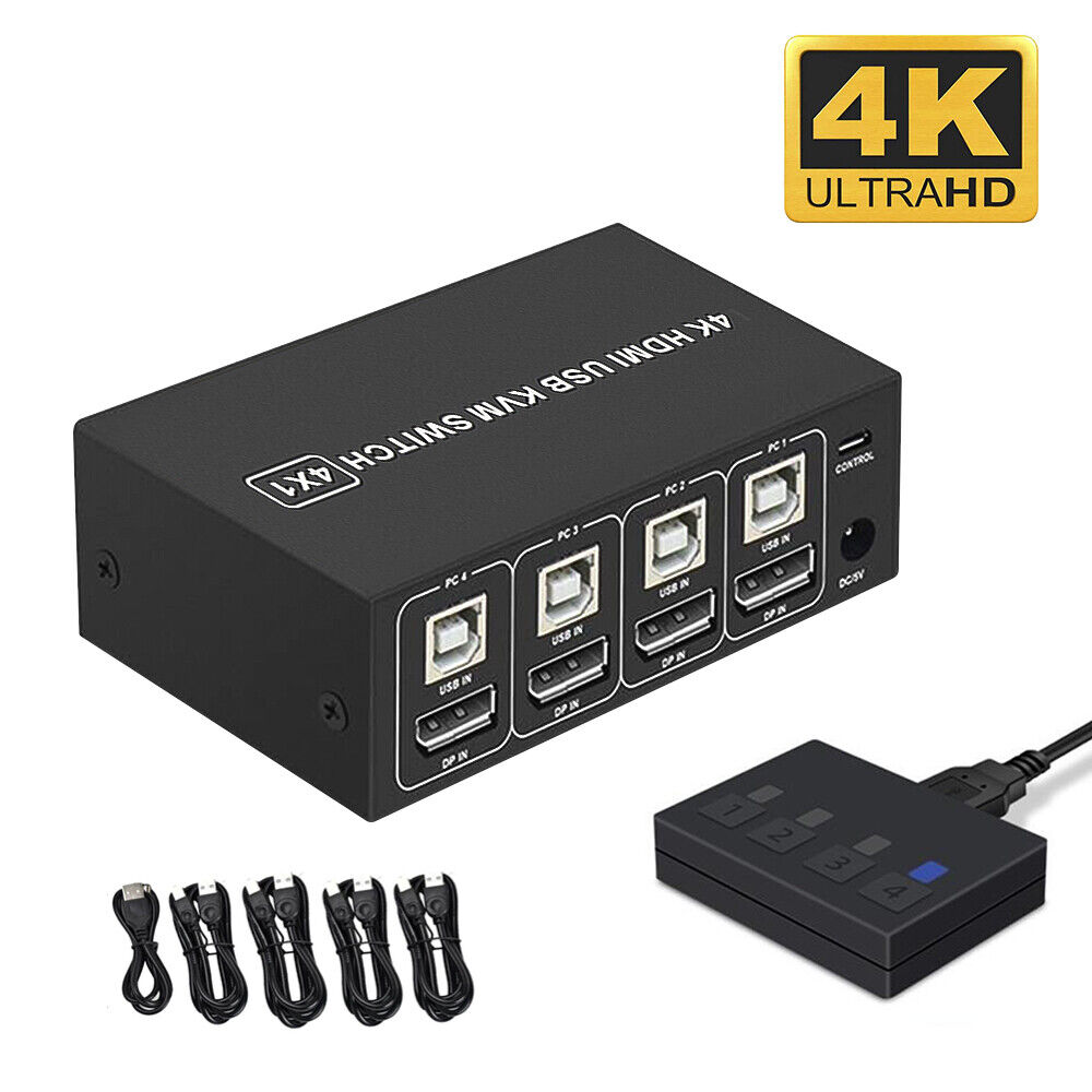 4K@60Hz HDMI KVM Switch 4 Port USB 3.0 Hub Support HDR EDID 4 in 1 Out for 4 PC