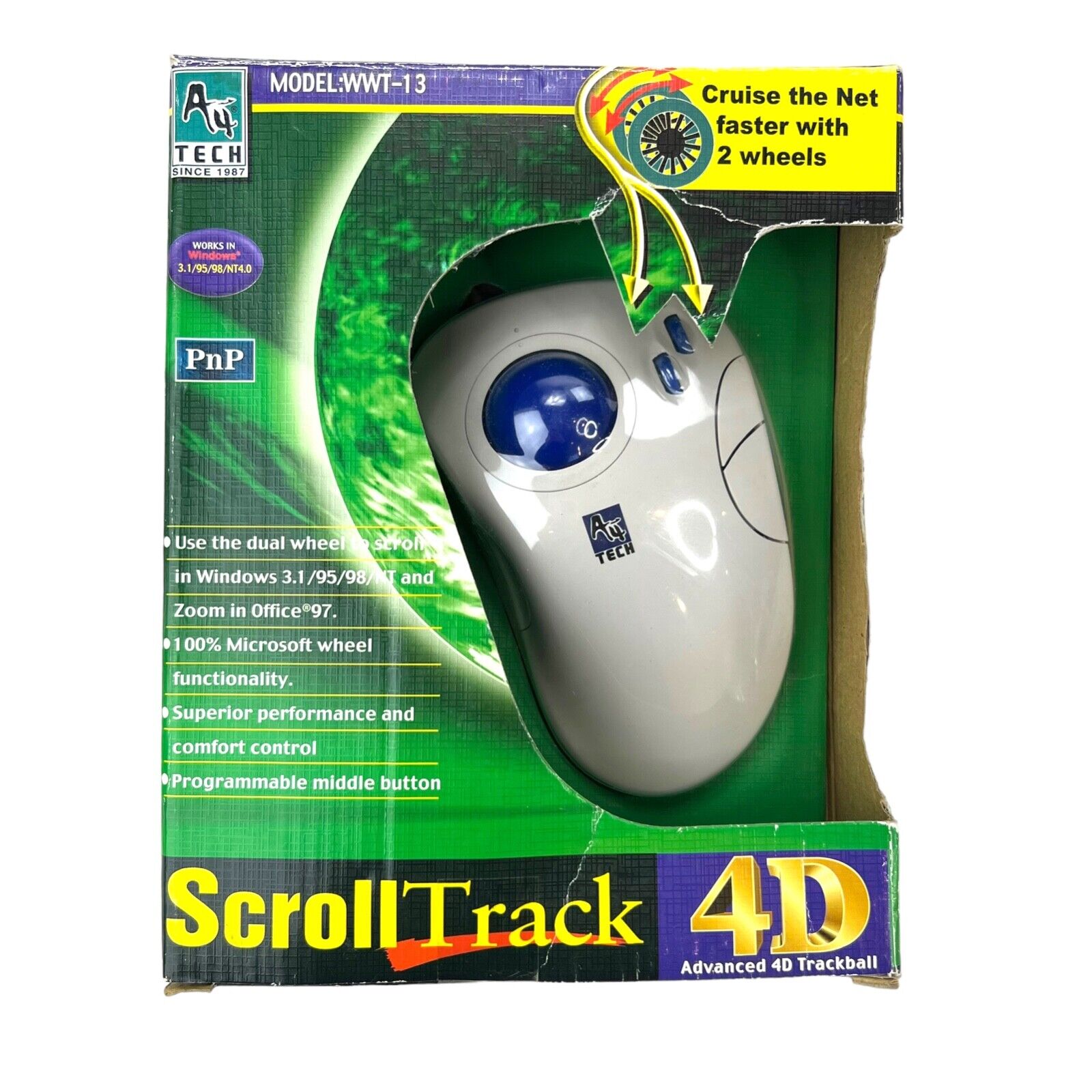 VTG 90s A4 Tech WWT-13 Scroll 4D TrackBall Large Mouse NOS