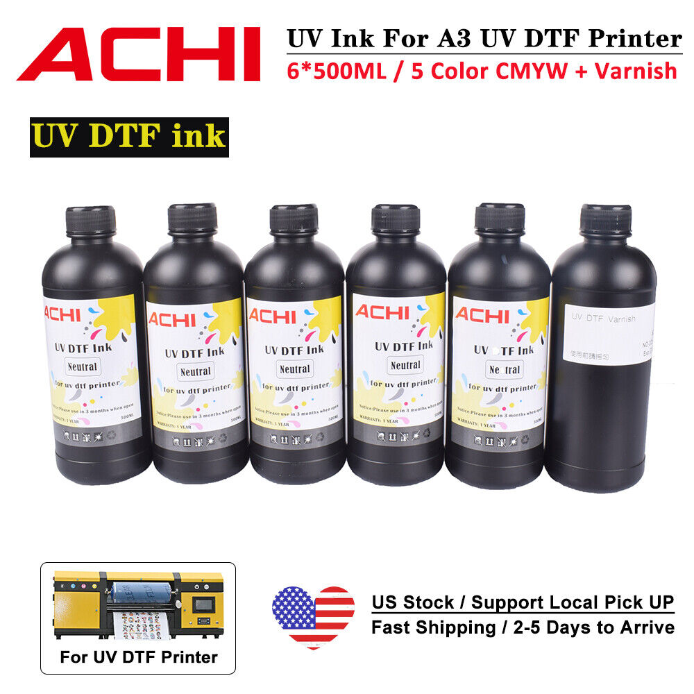 500ML UV DTF INK For ACHI UV Printer For Epson Nozzle 6 Bottles CMYKW + Varnish